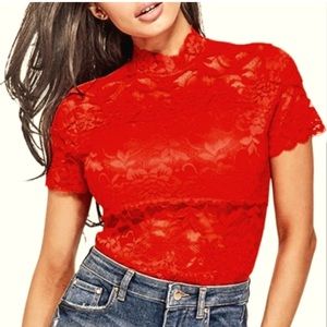 GUESS ❤️ Red mesh, short sleeve mock turtleneck top.